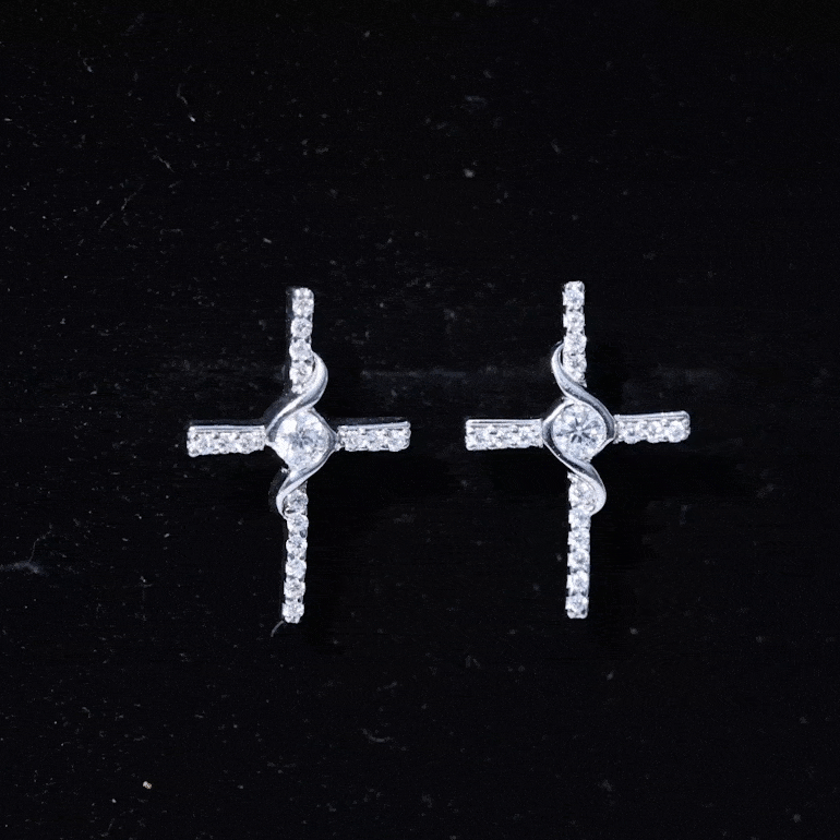 Yellow gold Religious Cross earrings with lab-grown diamonds from Rosec Jewels, featuring intricate cross designs and sparkling diamond accents.
