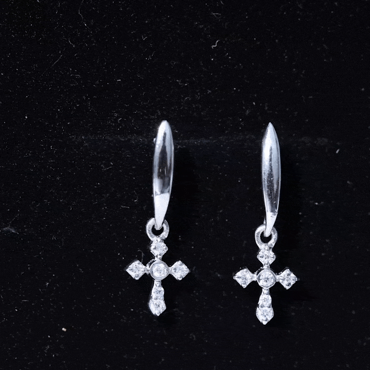 Rosec Jewels lab-grown diamond cross drop earrings with screw back, featuring yellow gold setting and sparkling diamond accents.