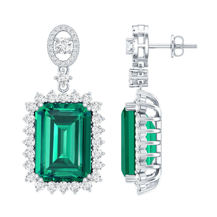 Lab grown 16 carat emerald vintage bridal earrings in silver from Rosec Jewels, featuring intricate setting and sparkling green stones.