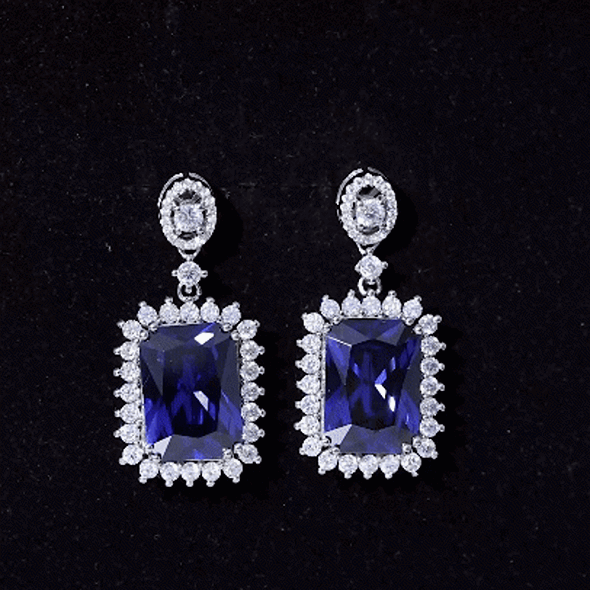 18 Carat Lab Blue Sapphire Dangle Earrings by Rosec Jewels, showcasing elegant blue sapphires and intricate silver detailing
