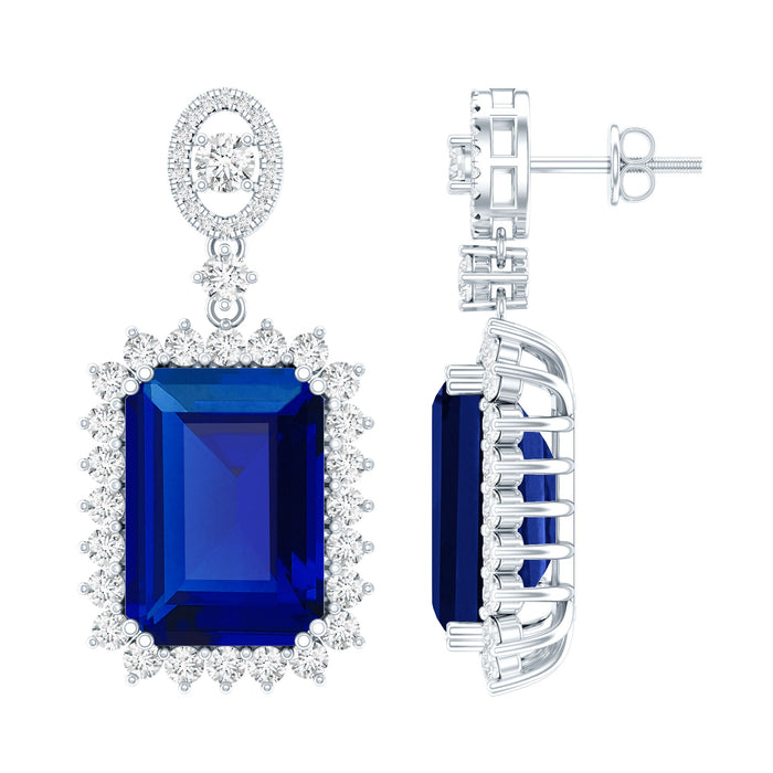 18 carat lab blue sapphire wedding dangle earrings by Rosec Jewels featuring elegant gemstone drops and intricate metalwork.