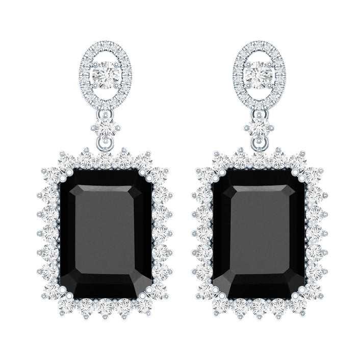 Emerald cut lab-grown black diamond statement earrings in silver by Rosec Jewels, featuring bold, elegant design with sparkling stones.