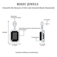 18 Carat Emerald Cut Lab Grown Black Diamond Statement Earrings in Silver