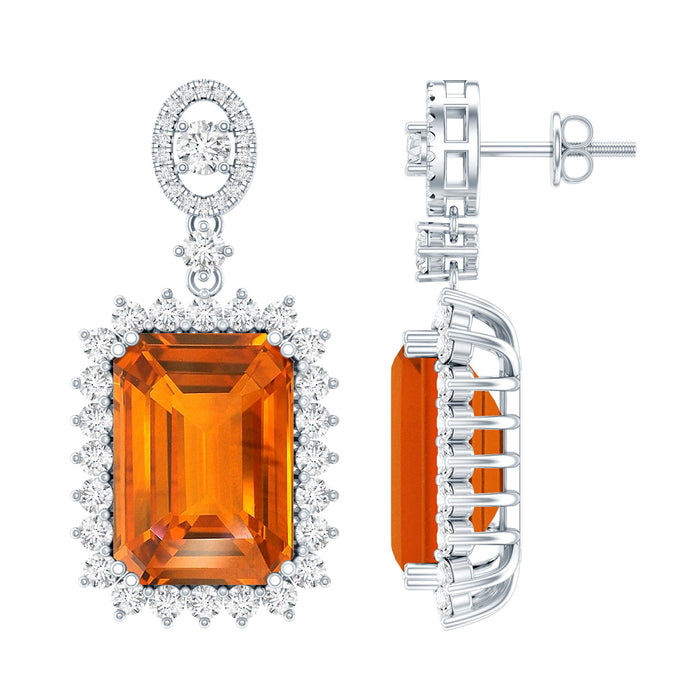Certified 18 carat lab-grown orange sapphire earrings in silver with a statement design, by Rosec Jewels.