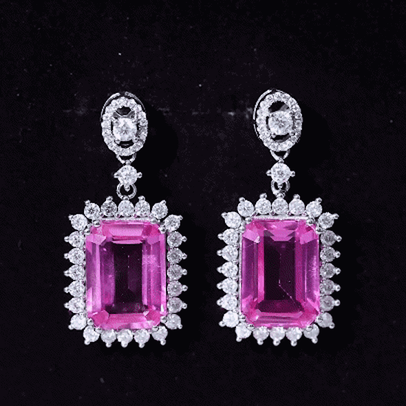 Rosec Jewels 18 Carat emerald cut lab-grown pink sapphire statement earrings with white gold settings for wedding jewelry.