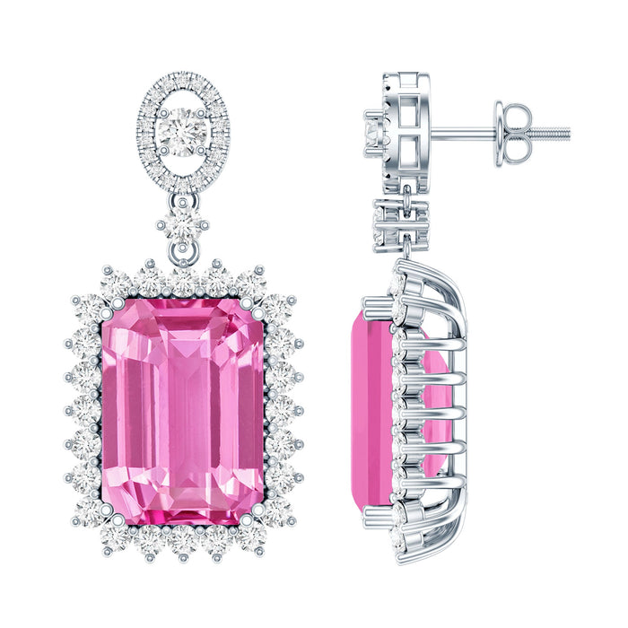Rosec Jewels 18 Carat emerald cut lab-grown pink sapphire statement earrings for weddings, featuring elegant design and vibrant color.