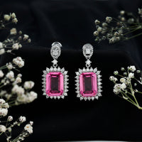 18 Carat Emerald Cut Lab Grown Pink Sapphire Statement Earrings for Wedding