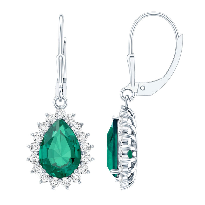 Lab grown emerald hoop drop earrings in silver with certified sparkling green emeralds, from Rosec Jewels.