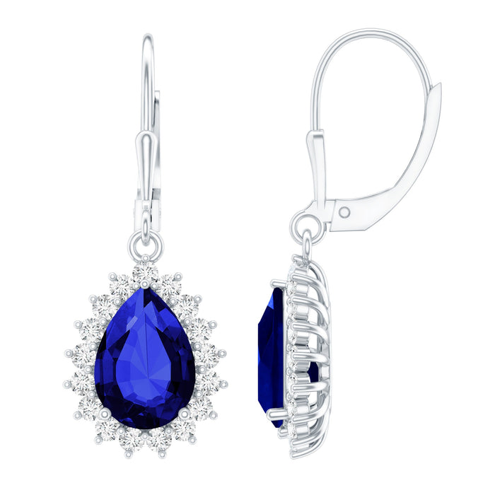 Sterling silver drop earrings with 5 carat lab-grown blue sapphire gemstones, featuring elegant dangle design by Rosec Jewels.