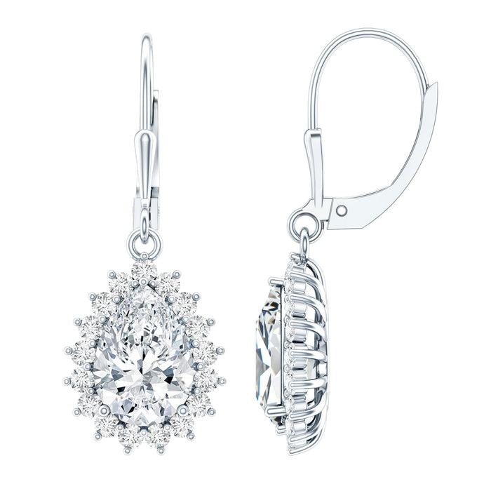 Certified 4 carat moissanite drop dangle earrings in silver with sparkling gemstones, designed by Rosec Jewels.