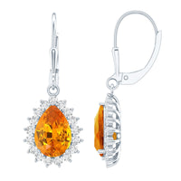 5 Carat Lab Grown Orange Sapphire Teardrop Earrings With Moissanite Halo Accents