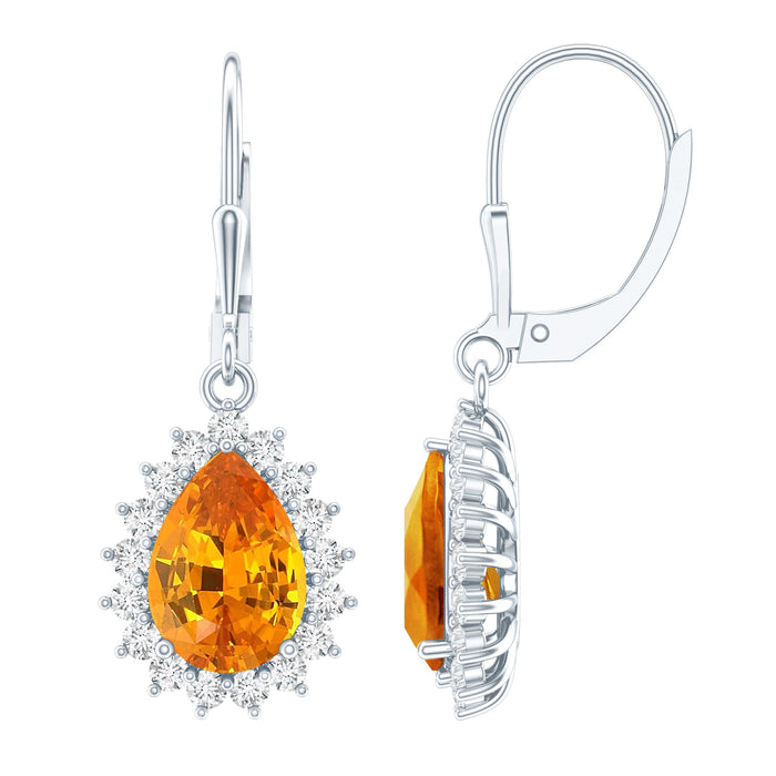 Orange sapphire teardrop earrings with moissanite halo accents, 5 carats, from Rosec Jewels, showcasing elegant jewelry design