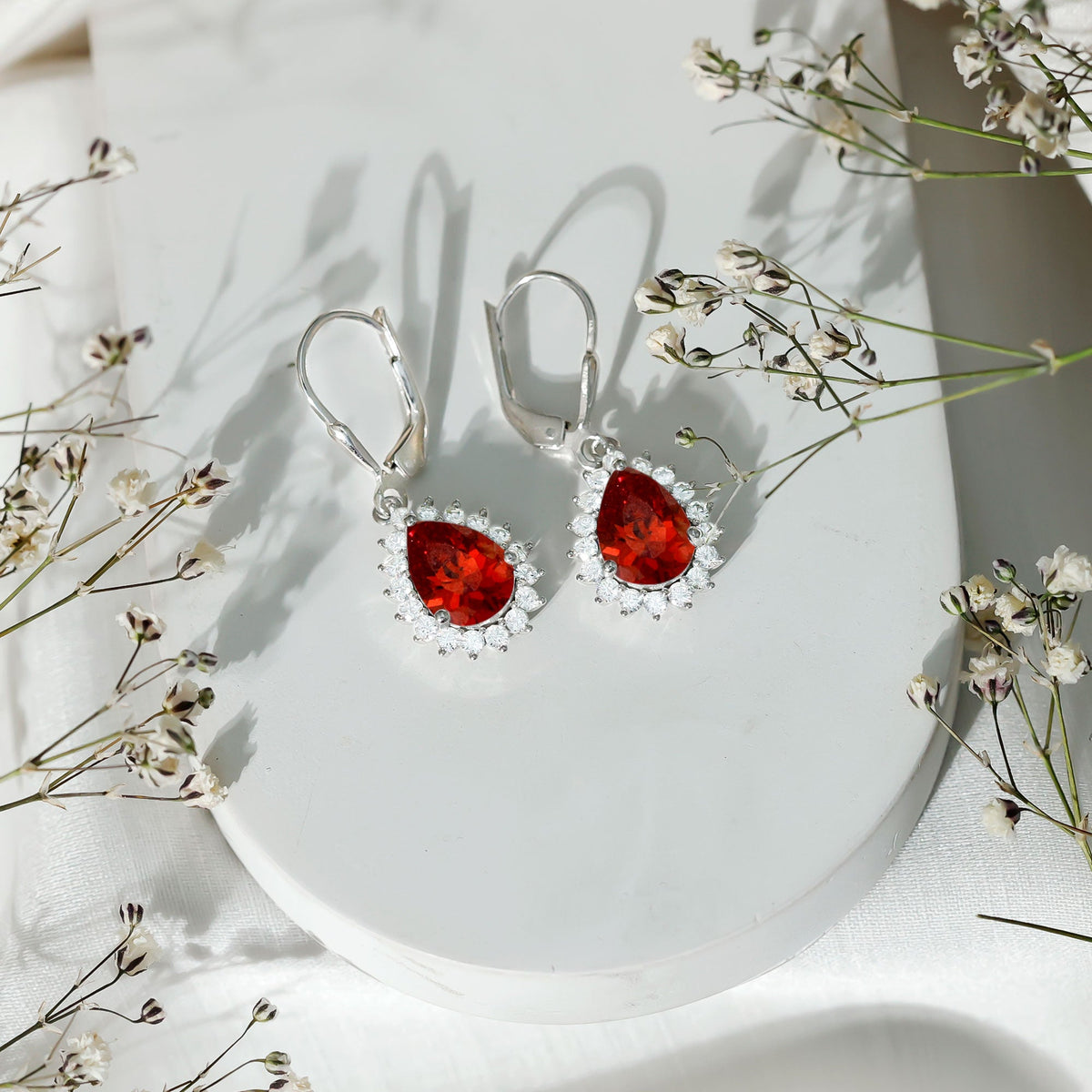 5 Carat Lab Grown Orange Sapphire Teardrop Earrings With Moissanite Halo Accents