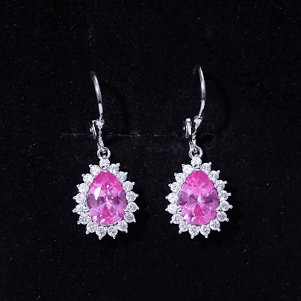 Rosec Jewels 5 Carat lab-grown pink sapphire drop earrings in silver showcasing elegant gemstone drops and silver setting.