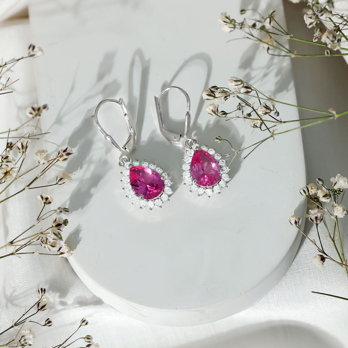 5 Carat Lab Grown Pink Sapphire Drop Earrings in Silver