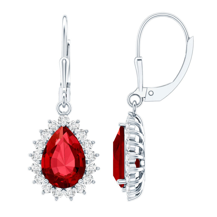 Lab-created 5.8 carat ruby dangle earrings for women by Rosec Jewels featuring vibrant red rubies and elegant gold settings.