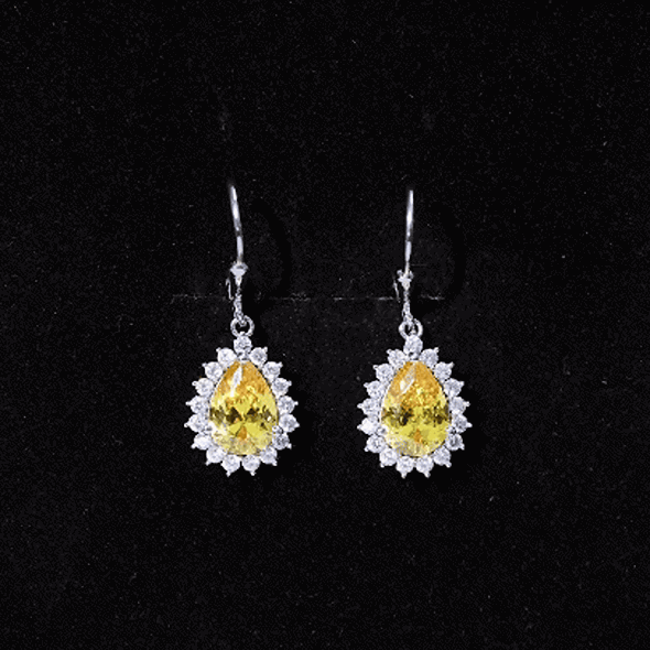 Yellow sapphire dangle earrings for women with 5 carats, lab-grown gemstones, leverback style, by Rosec Jewels.