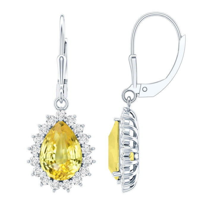 Yellow sapphire dangle earrings for women by Rosec Jewels, 5 carats lab-grown with leverback closure.