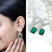 Sterling Silver 6.5 Carat Lab Grown Emerald Drop Earrings For Women