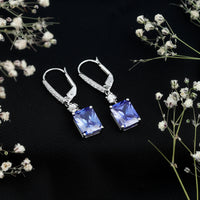 5.5 Carat Emerald Cut Lab Grown Blue Sapphire Drop Earrings in Silver