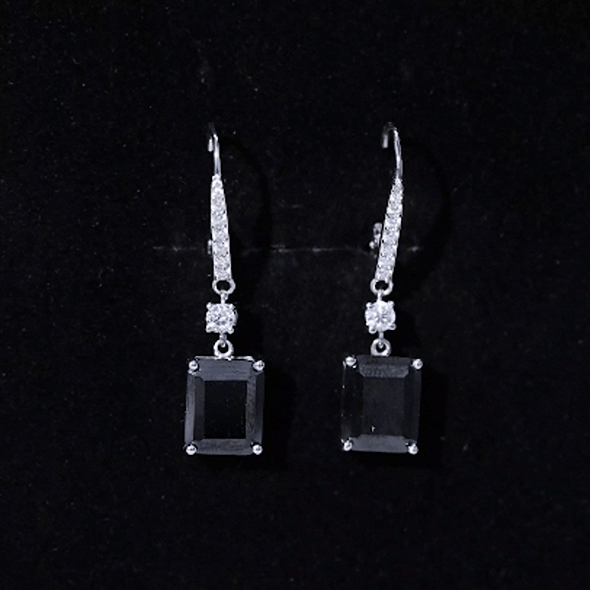 Rosec Jewels certified 6-carat lab-grown black diamond dangling earrings, featuring elegant design and sparkling black diamonds.
