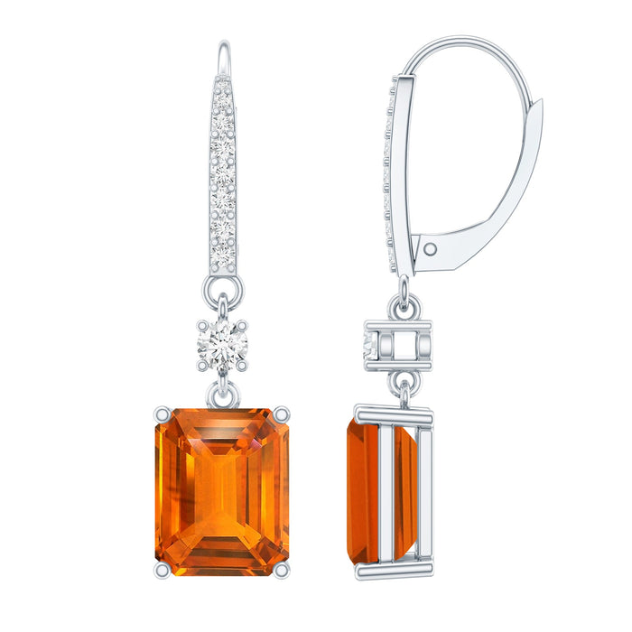 Emerald cut lab-created orange sapphire hoop earrings by Rosec Jewels, showcasing vibrant orange gemstones in a classic hoop design.