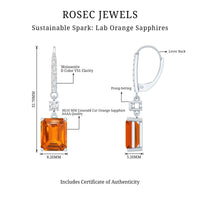 5.5 Carat Emerald Cut Lab Created Orange Sapphire Hoop Drop Earrings