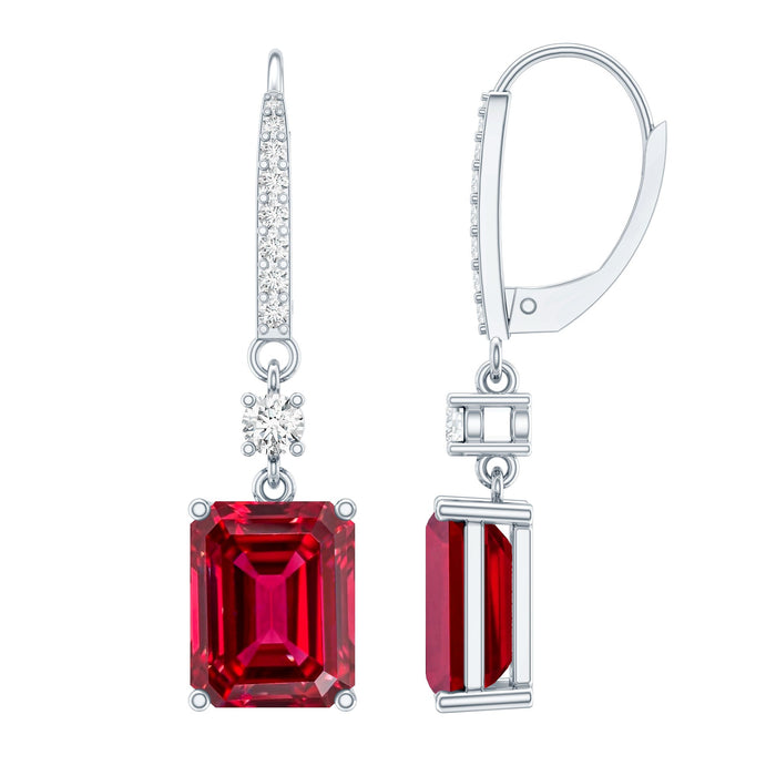 Sterling silver drop earrings with 7-carat lab-created ruby gemstones, elegant and sparkling jewelry by Rosec Jewels.