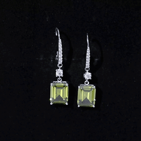 Emerald cut lab-grown green sapphire drop earrings in silver with 5.5 carats from Rosec Jewels.