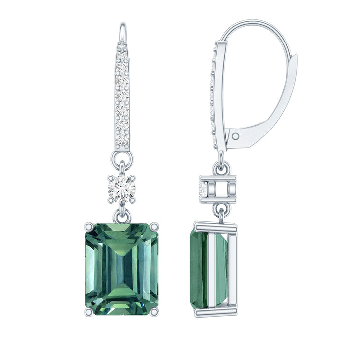 Silver drop earrings featuring 5.5 carat emerald cut lab-grown green sapphire gemstones by Rosec Jewels.