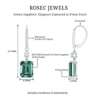 5.5 Carat Emerald Cut Lab Grown Green Sapphire Drop Earrings in Silver