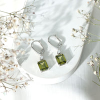 5.5 Carat Emerald Cut Lab Grown Green Sapphire Drop Earrings in Silver