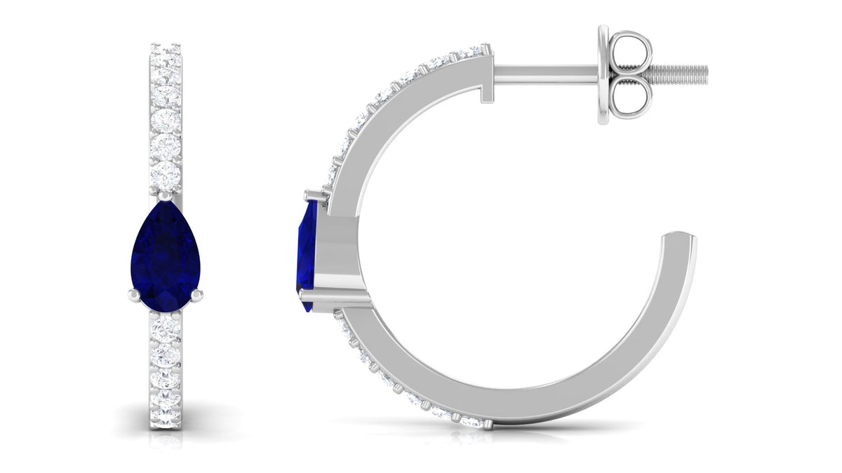 Pear-shaped blue sapphire and diamond hoop earrings by Rosec Jewels, featuring elegant blue sapphires and sparkling diamonds.