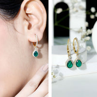 Lab Grown Emerald Hoop Drop Earrings With Moissanite Halo