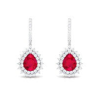 Pear Cut Lab Created Ruby Hoop Drop Earring with Moissanite Halo