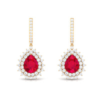 Pear Cut Lab Created Ruby Hoop Drop Earring with Moissanite Halo