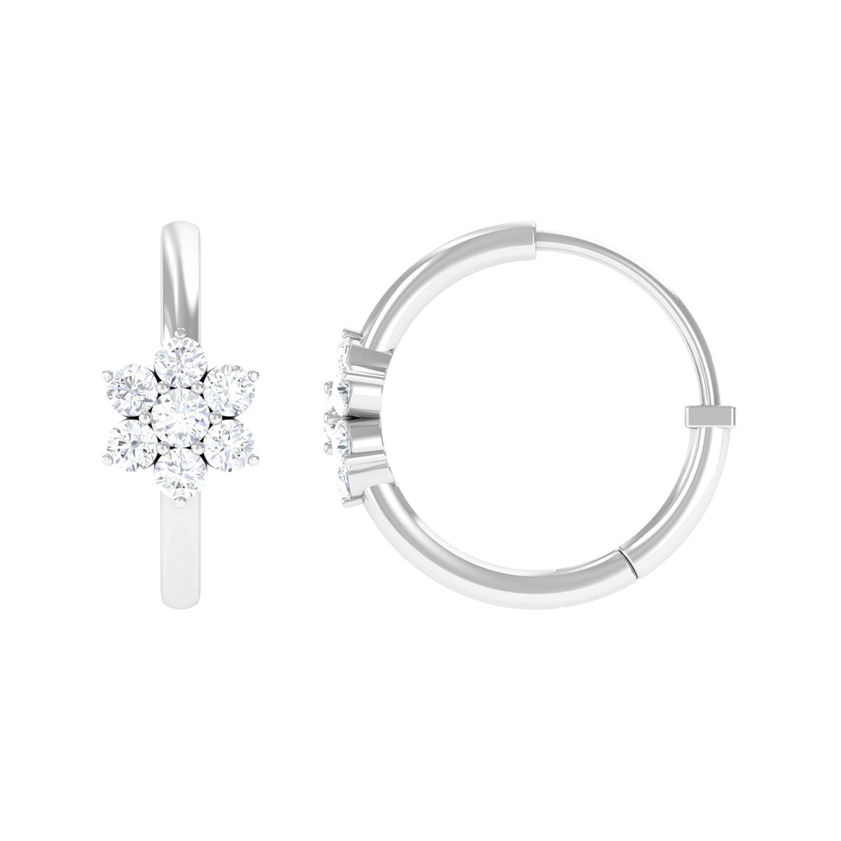 Diamond flower hoop earrings for women by Rosec Jewels, featuring intricate floral design with sparkling diamonds.