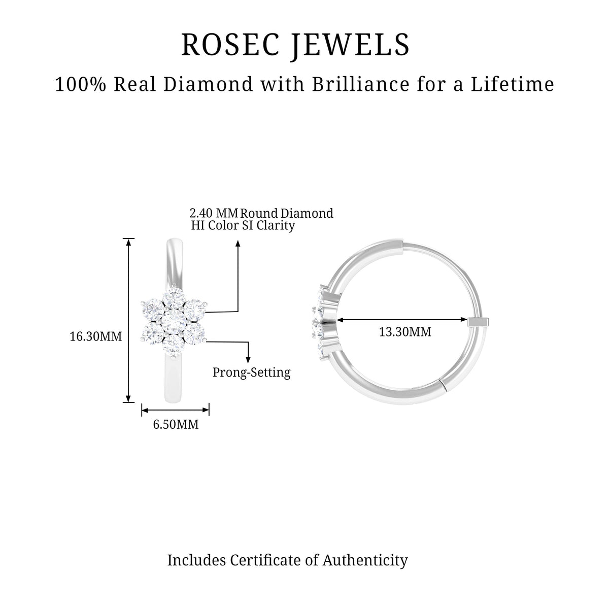 Rosec Jewels diamond flower hoop earrings for women, featuring intricate floral design and sparkling diamonds.