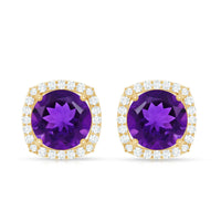 Natural Amethyst Stud Earrings with Diamond Halo