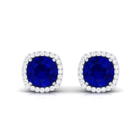 Round Lab Created Blue Sapphire Stud Earrings with Diamond Halo