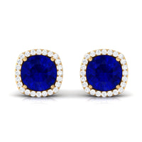 Round Lab Created Blue Sapphire Stud Earrings with Diamond Halo