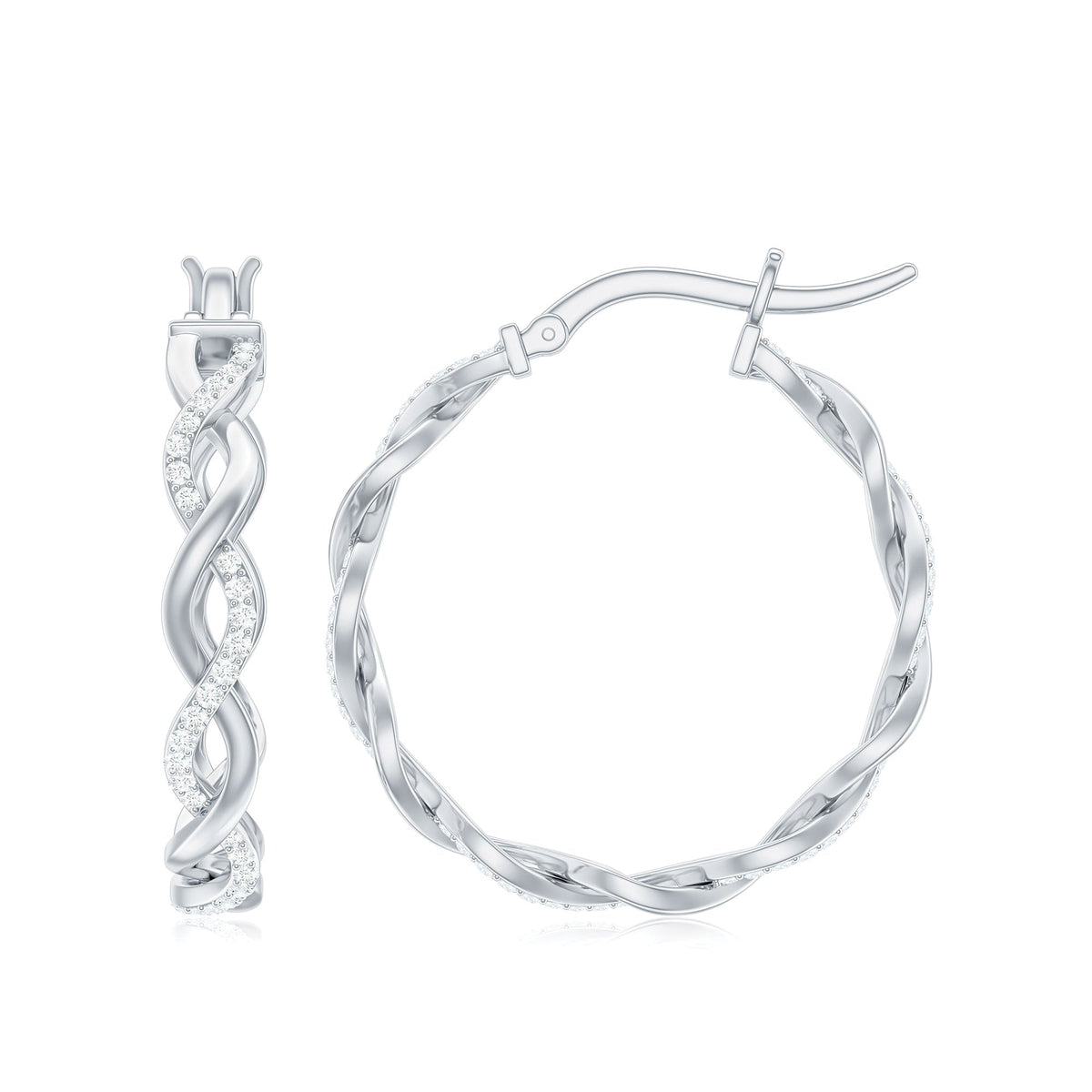 Rosec Jewels braided hoop earrings with sparkling certified moissanite, showcasing intricate design and elegant jewelry craftsmanship.