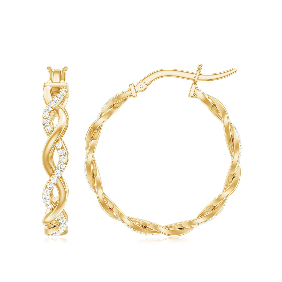 Rosec Jewels braided hoop earrings with sparkling certified moissanite, showcasing intricate design and shimmering stones.