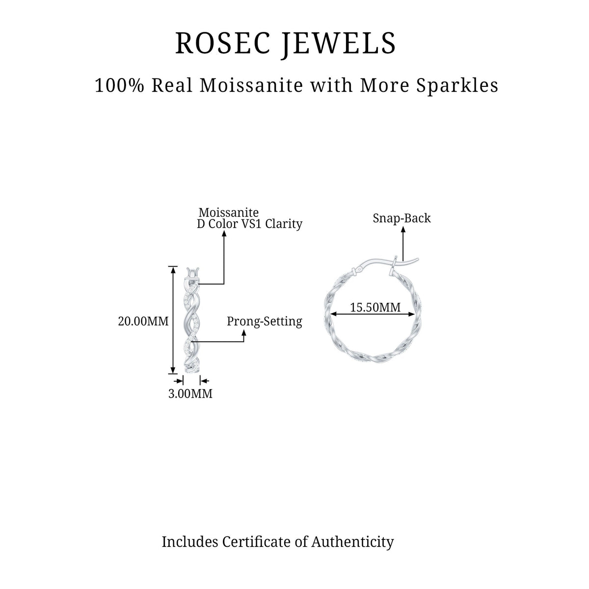 Rosec Jewels braided hoop earrings with sparkling certified moissanite, featuring a stylish and elegant jewelry design.