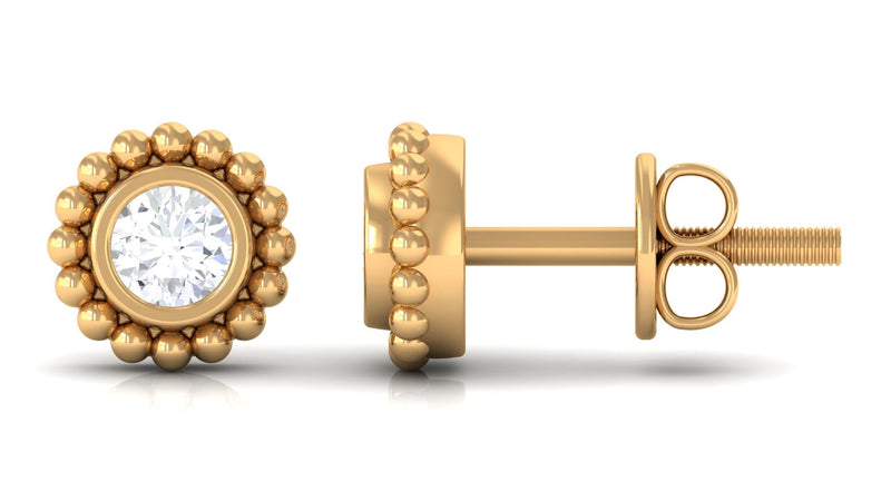 Real diamond solitaire stud earrings with beaded detail by Rosec Jewels, showcasing sparkling diamonds and intricate beading.