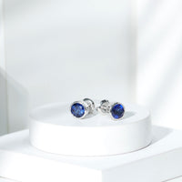 2 Carat Round Lab Created Blue Sapphire Stud Earrings in Bezel Setting