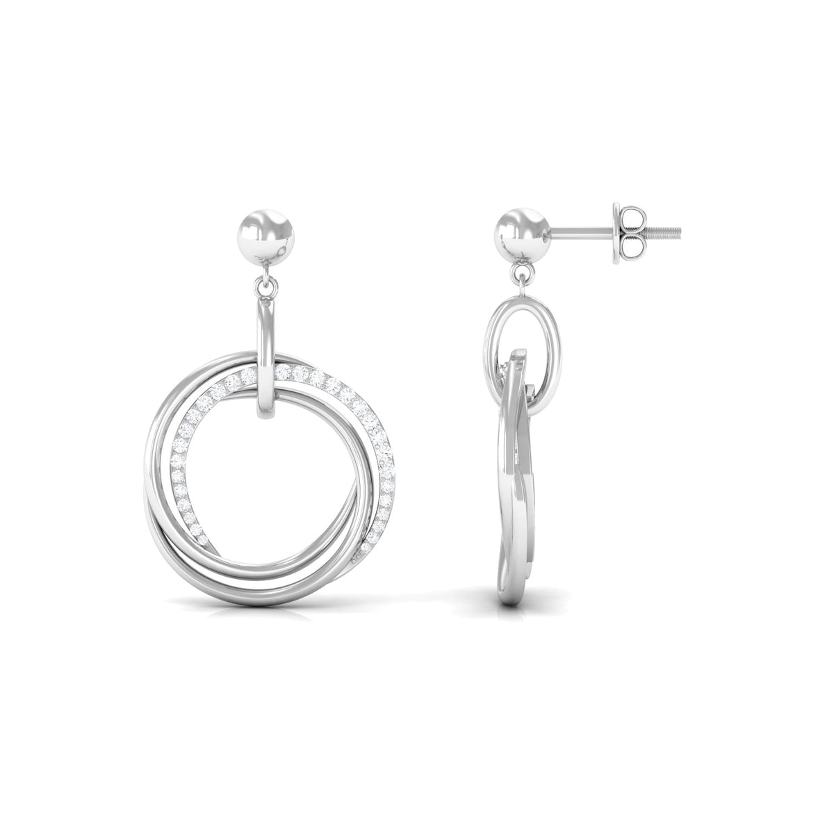 Rosec Jewels round cut diamond drop earrings with screw back closure, showcasing elegant sparkling jewelry design