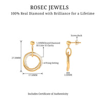 Round cut diamond drop earring with screw back closure by Rosec Jewels, featuring a sparkling diamond pendant on a sleek earring setting.