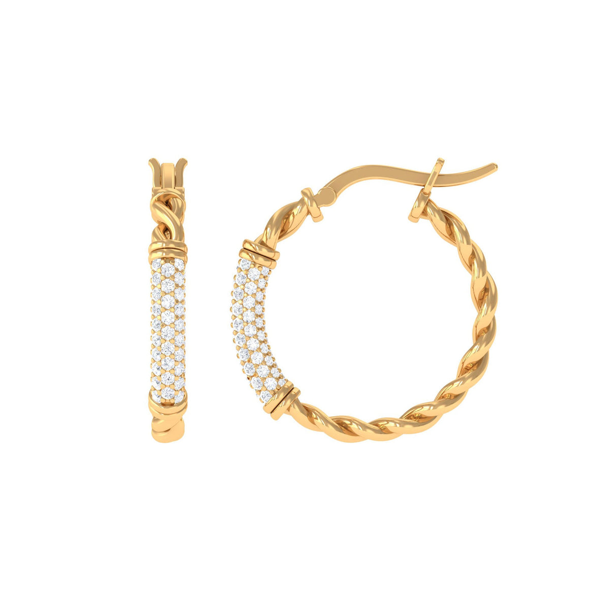 Rosec Jewels 1.25 CT twisted rope hoop earrings with diamond accents, showcasing elegant gold hoops with intricate design and sparkling stones.