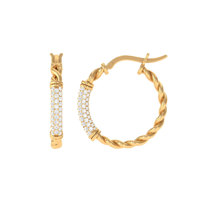 Rosec Jewels 1.25 CT twisted rope hoop earrings with diamond accents, showcasing elegant gold hoops with intricate design and sparkling stones.